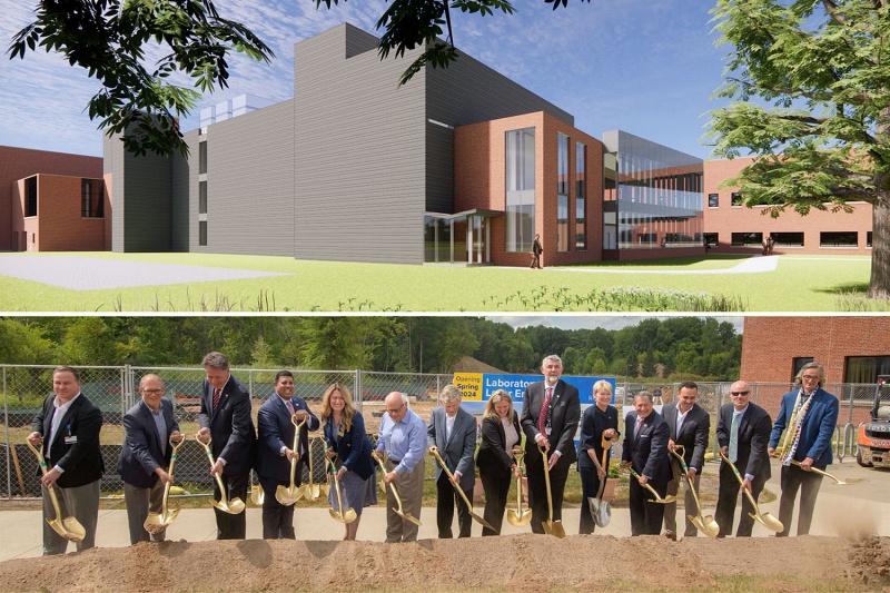 From left: Senior associate vice president for facilities and services Michael Chihoski; Provost David Figlio; Brighton Town Supervisor Bill Moehle; New York State Senator Jeremy Cooney; executive vice president of administration and finance and CFO Elizabeth Milavec; University trustee Larry Kessler; University trustee Wayne LeChase; New York State Representative Sarah Clark; LLE director Chris Deeney; President Sarah Mangelsdorf; US Congressman Joe Morelle; Jarred Jones, deputy state director for US Senator Kirsten Gillibrand; Kevin Hale, New York State Energy Research and Development Authority (NYSERDA), and interim vice president for research Stephen Dewhurst. Photo: University of Rochester/J. Adam Fenster.