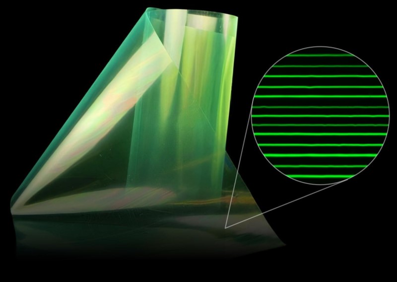 Multi-layered film: Nanophotonic materials are embedded into multi-layer films via an efficient co-extrusion manufacturing process, enabling Folio to achieve 
