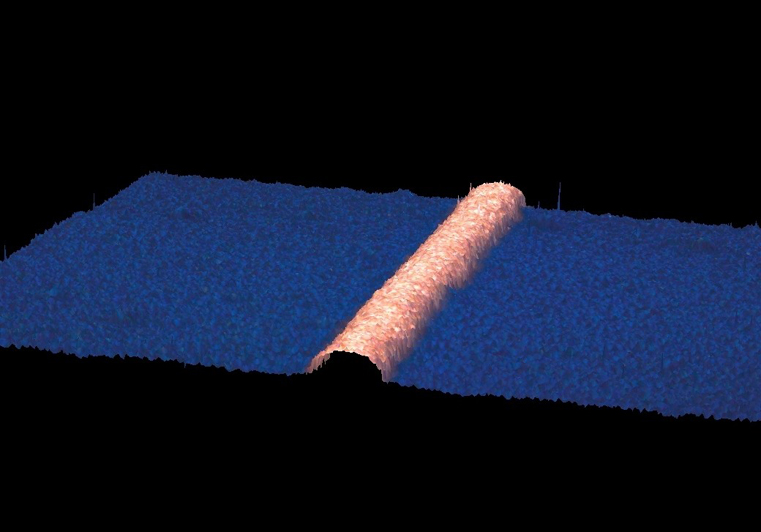 Three-dimensional confocal microscopy image of a copper contact produced using the laser-assisted process developed by PV2+. The even, semi-circular shape of the contact ensures a high level of electrical conductivity. &copy; PV2+