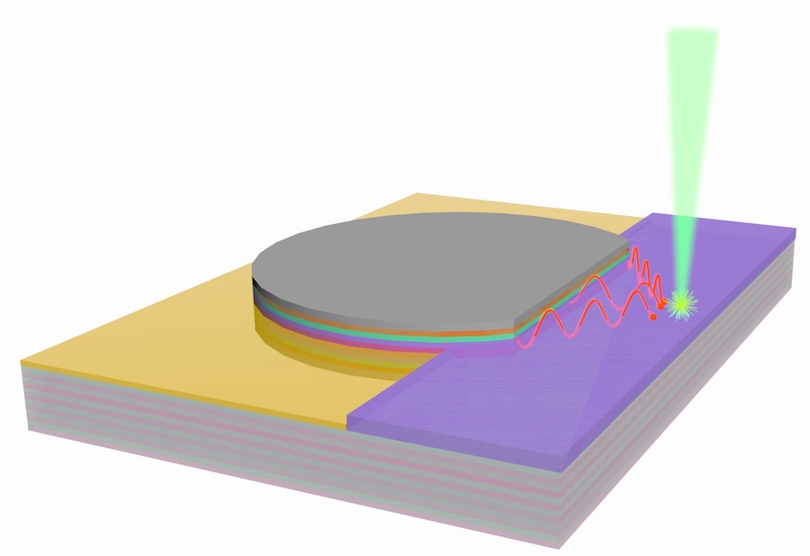 The new design integrates a simple organic detector into the propagation region to produce efficient polariton-to-charge conversion over distances of up to 100 microns. Credit: Bin Liu, University of Michigan.

