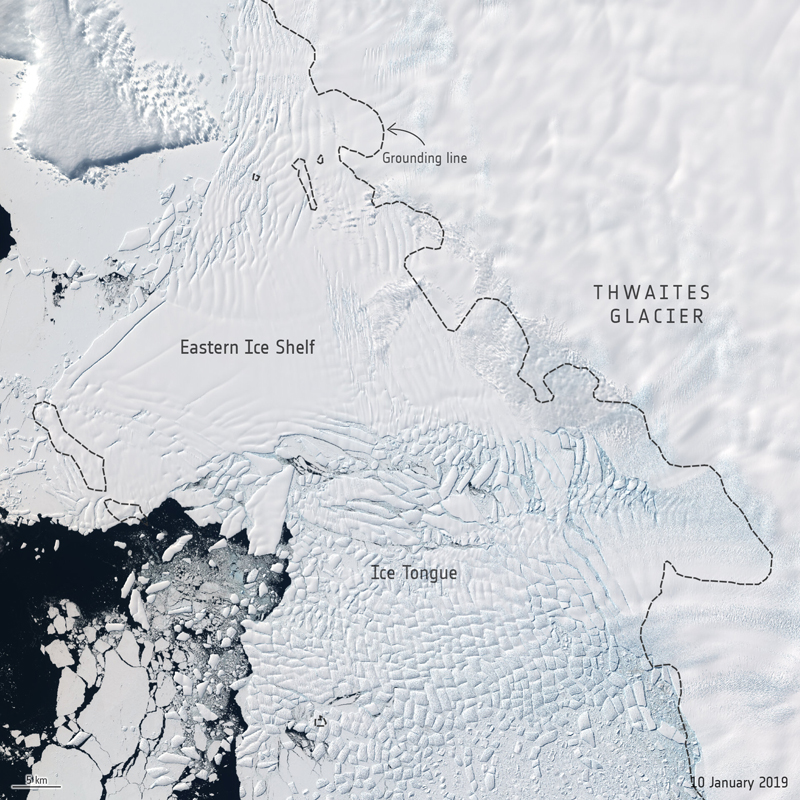 Thwaites Glacier Ice Tongue in West Antarctica captured by the Copernicus Sentinel-2 mission on 11 September 2019. Thwaites is a particularly important part of the Antarctic Ice Sheet because it holds enough ice to raise global sea levels by around 60 cm and is considered by many to be at risk of rapid retreat, threatening coastal communities around the world. Credit: ESA/ATG medialab.