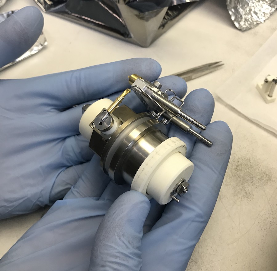 Photo of the Orbitrap mass analyzer from the prototype instrument. Credit: Lori Willhite and Ricardo Arevalo.