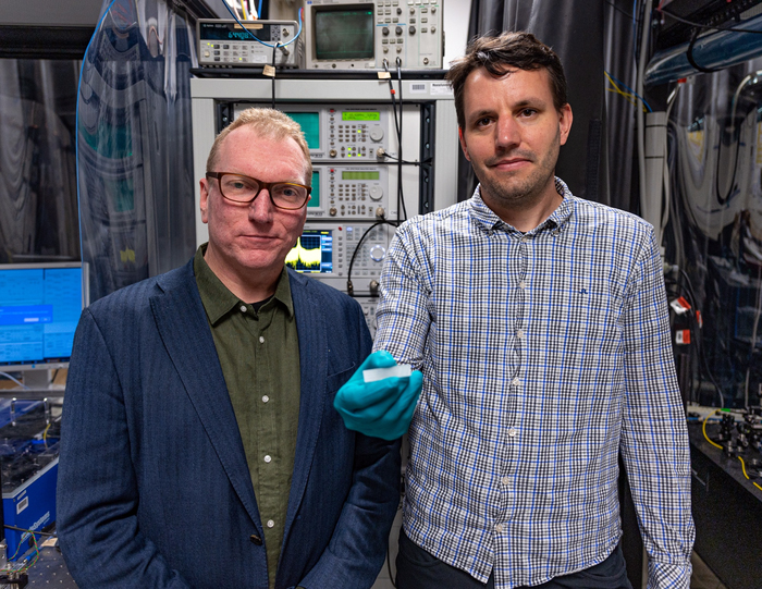 RMIT University's Distinguished Professor Arnan Mitchell (left) and Dr Andy Boes from the University of Adelaide's Institute of Photonics and Advanced Sensing. Photo: University of Adelaide.