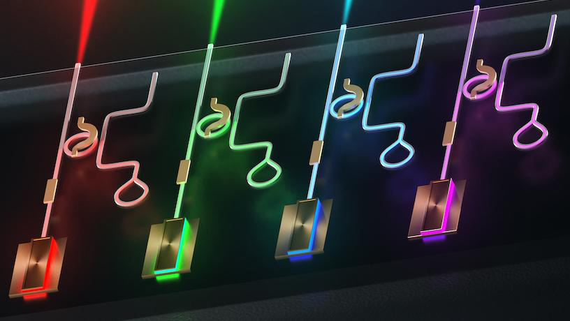 Illustration of the integrated laser platform created by the Lipson Nanophotonics Group, where a single chip generates narrow linewidth and tunable visible light covering all colors. Credit: Myles Marshall/Columbia Engineering.