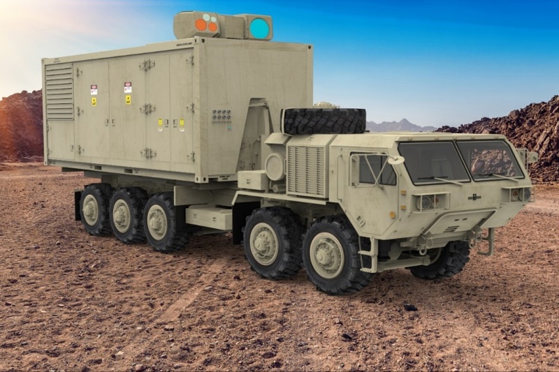 A rendering of the US Army's Indirect Fire Protection Capability-High Energy Laser (IFPC-HEL) Demonstrator laser weapon system. Image: Lockheed Martin.