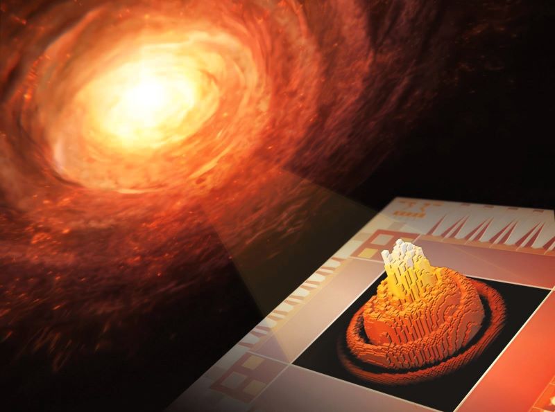With planned improvements, NIST's new 400,000 single-wire superconducting camera, the highest resolution camera of its type, will have the capability to capture astronomical images under extremely low-light-level conditions. Credit: Image incorporates elements from pixaby and S. Kelley/NIST.