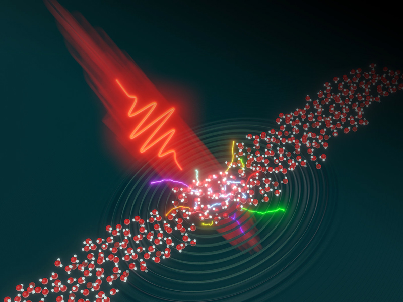 An intense laser pulse (in red) hits a flow of water molecules, inducing an ultrafast dynamics of the electrons in the liquid. &copy; Joerg M. Harms / MPSD.