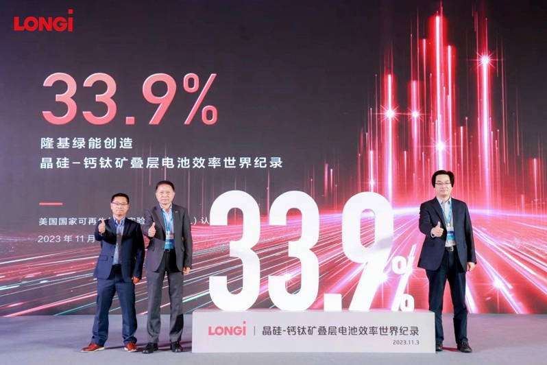 Thumbs up: on November 3, Longi announced a world record of 33.9% efficiency of crystalline silicon-perovskite tandem solar cells at the 19th CSPV meeting. Photo: Longi.