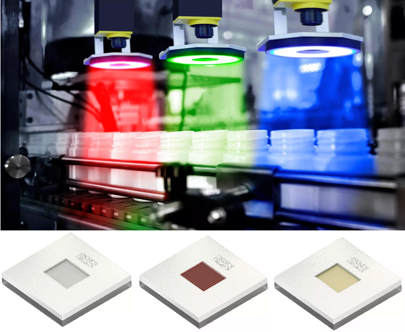 Above: Ostar Projection Compact LEDs in a notional MV application; below: Ostar&reg; Projection compact KT in the three colors. Images: ams Osram.