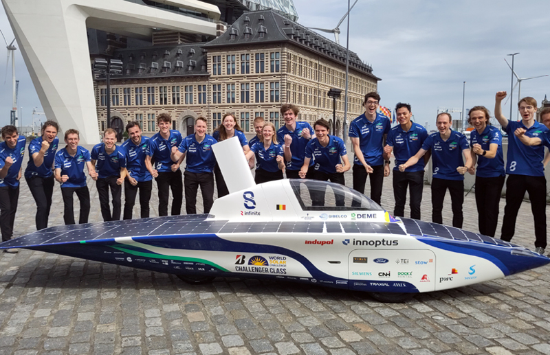 The solar car team of the KU Leuven pictured during the presentation of the new Solar car of the KU Leuven in Antwerp, in July 2023. Courtesy of Belga; Photo: Ine Gillis.