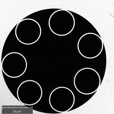 A scanning electron microscope photo of the cross-section of a hollow-core fiber used in NTU Singapore's mid-infrared laser experiments. A ring of seven smaller tubes can be seen along the inner wall of the fiber. Credit: NTU Singapore.