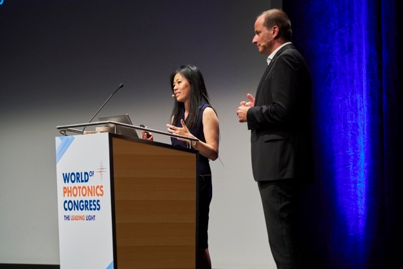 LLNL's Tammy Ma (left) and Fraunhofer ILT director Constantin Haefner, discussing the potential of laser-based inertial fusion energy (IFE) at the Laser World of Photonics Congress held in Munich earlier this year. Photo: Messe Munich.