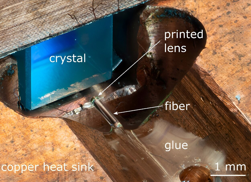 Microscale lenses were printed directly onto optical fibers, allowing them to compactly combine fibers and laser crystals inside a single laser oscillator. Credit: Moritz Floess and Simon Angstenberger, 4th Physics Institute at University of Stuttgart in Germany.