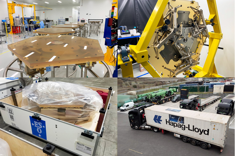 Upper: The ELT's M1 segments take shape at Safran Reosc polishing facilities; ELT M1 segment assembly in final inspection; lower: ELT mirror segment wrapped for delivery; and the mirror segments are dispatched for Chile. Credit: ESO.