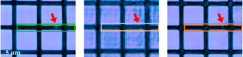 To test their new approach, researchers produced a mesh of carbon atoms with a small defect in one of the links, viewed here using a doughtnut-shaped beam, left panel, and traditional lasers, middle and right. Credit: Wang, et al., 2023, 