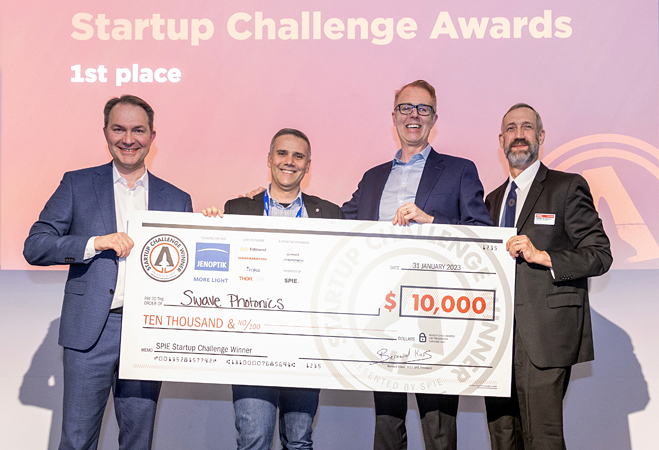 Swave Photonics were the 2023 SPIE Startup Challenge champions. From left, Jenoptik's Ralf Kuschnereit, Swave Co-Founder and Chief Product Officer Theo Marescaux, Swave CEO Mike Noonen, and 2023 SPIE Vice President Peter de Groot. Credit: Joey Cobbs.