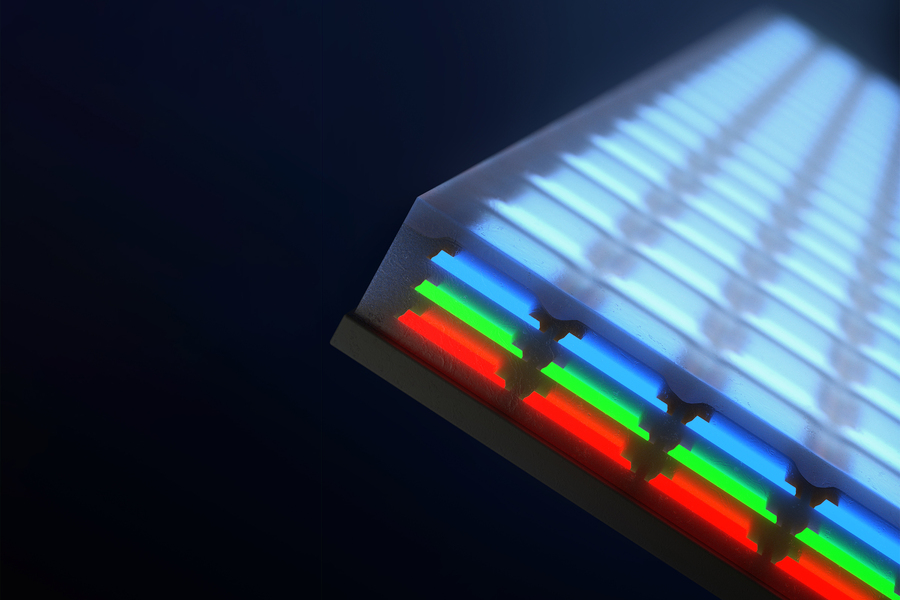 Instead of patterning red, green, and blue diodes side by side, MIT has stacked the diodes to create vertical, multicolored pixels. Credit: Younghee Lee/MIT.