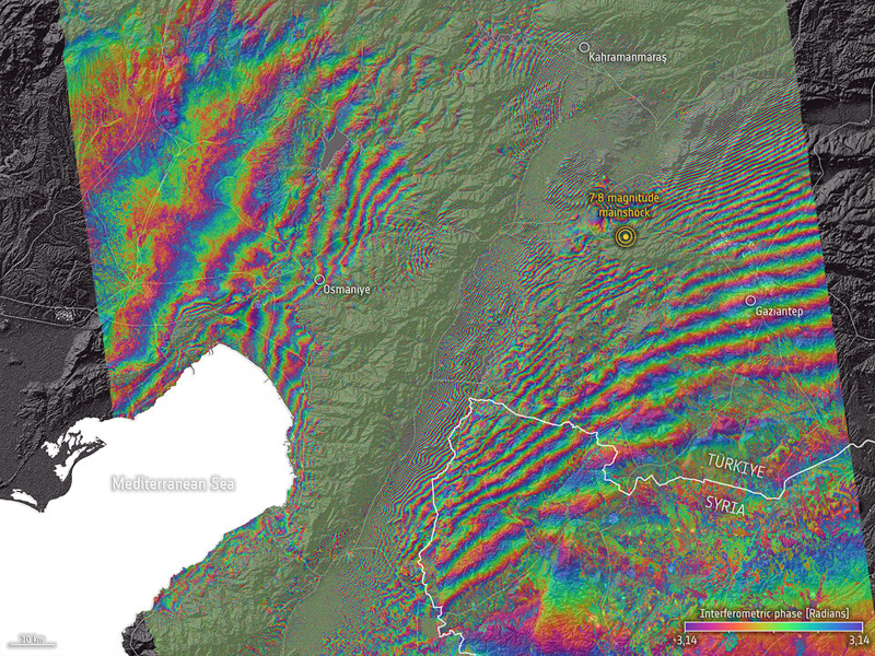 An interferogram, calculated using Sentinel-1 acquisitions on 28 January and 9 February, reveals a large-scale deformation between Maras and Antakya with high gradient fringes and low coherence along the Karasu valley. According to Ziyadin &Ccedil;ak&inodot;r, from the Department of Geology at Istanbul Technical University, the Sentinel-1 interferogram indicates that it is the East Anatolian Fault that ruptured during the first earthquake. A preliminary analysis also shows up to several metres of fault slip at Earth's surface. Image courtesy of ESA.