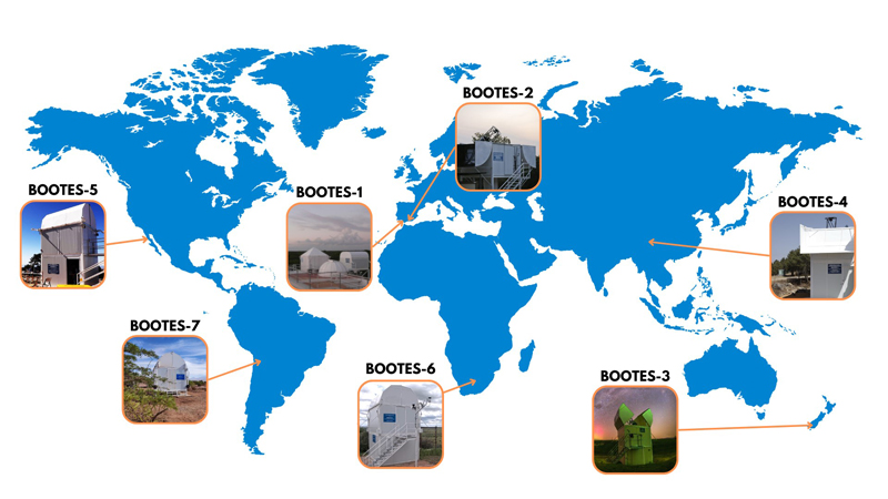 The seven stations of the BOOTES Global Network (bootes.iaa.es) are present in the five continents. /(IAA-CSIC/UMA/INTA).
