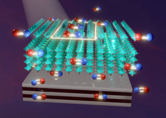This illustration from the Guo Lab shows the interaction between a perovskite material (cyan) and a substrate of metal-dielectric material. The red and blue pairings are electron-hole pairs. Mirror images reflected from the substrate reduce the ability of excited electrons in the perovskite to recombine with their atomic cores, increasing the efficiency of the perovskite to harvest solar light. Illustration by Chloe Zhang / U Rochester.