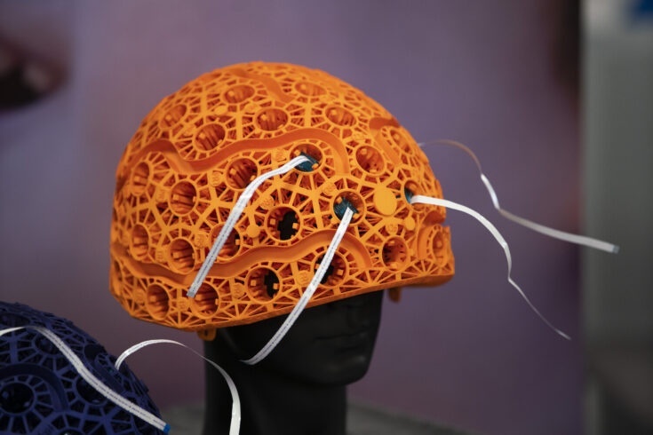 Quantum technology is about much more than computing. Developed by the University of Nottingham and spin-out Cerca Magnetics, this wearable brain scanner uses optically pumped magnetometers to measure brain function with magnetoencephalography (MEG). The quantum sensors enable a far more compact and versatile helmet-sized system, compared with existing room-sized MEG equipment based on superconductors. Photo: Cerca Magnetics/UKRI.