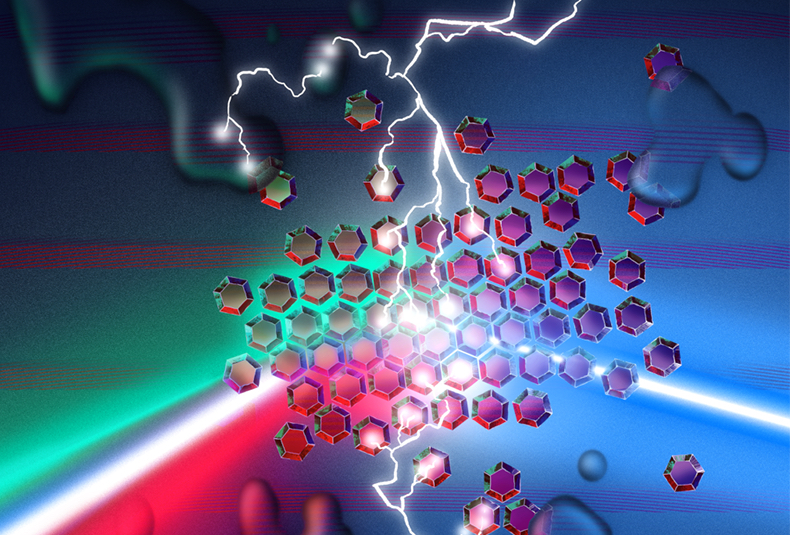 Artist's rendering of colloidal quantum dots (colored hexagons) cast from solution (puddles of liquid) onto a grating (groups of horizontal lines) and excited either electrically (lightning-like traces) or optically (narrow white beam coming from the right) to produce multicolor output (beams fanning out from the middle to the bottom-left). Image credit: Albin Guyot under use of Creative Commons license.