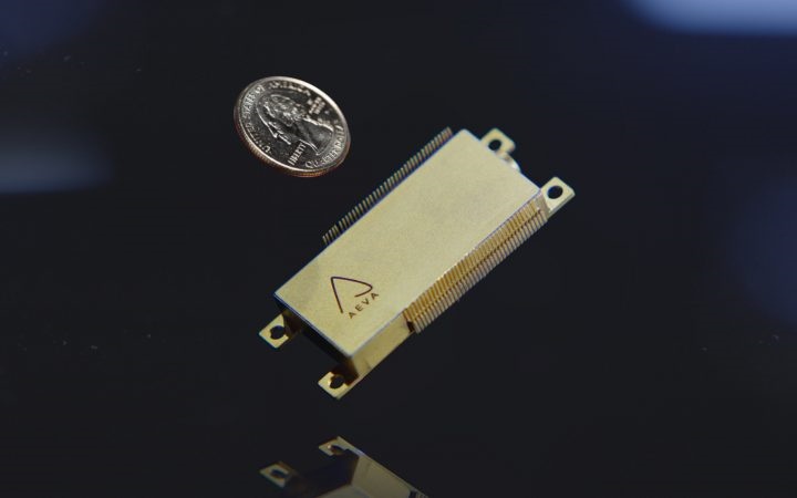 Aeva is one of a handful of lidar companies developing frequency-modulated continuous-wave (FMCW) technology, which is able to determine both the distance and velocity of objects. Based on silicon photonics, all of the key elements are incorporated into a single compact chip module, allowing for automated mass production. One leading automotive OEM customer is now said to be deploying the technology in vehicles from 2025. Image: Aeva.
