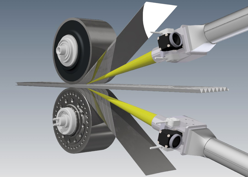 How laser-based sandwich cladding works: The system conveys a flexible web of hollow metallic inner structures between two rollers and unrolls the lower as well as the upper sheet cover layer. Two lasers aim into the ultra-thin gap between the inner structure web and the cover sheet and melt the surfaces of the metal layers. The rollers press the sheets and inner structures together, the molten metal solidifies and permanently fixes the two together. &copy; Fraunhofer IWS.