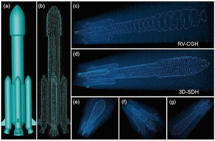 Volume-rendered images of a simulated 3D rocket using the new method. By packing more details into a 3D image, this approach could enable realistic representations for use in virtual reality and other applications. Credit: Lei Gong, University of Science and Technology of China