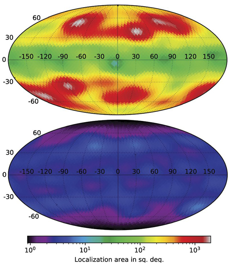 LIGO-India will help scientists better localize the cataclysmic mergers of neutron stars. The map on the right shows that two LIGO detectors can localize these events to within 100 to 1,000 square degrees of sky (the 'bullseye