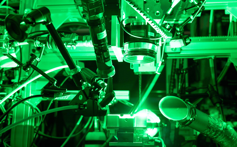 Investigation of laser welding processes. Trumpf and the Fraunhofer ILT investigated the laser welding of copper connections in the high-performance electronics of e-cars at a particle accelerator at the German Electron Synchrotron (DESY) in Hamburg. Image courtesy of Trumpf.