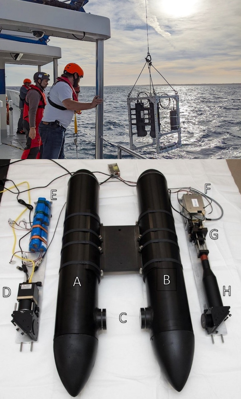 AUTOHOLO being deployed. System components include A) camera housing B) light source housing C) optical windows on either side of the sample volume D) camera E) batteries F) pulsed laser with control electronics G) spatial filter and H) beam expander. Credit: FAU.