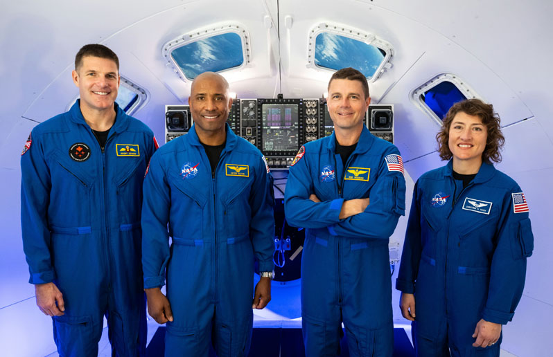 The Artemis II crew in an Orion simulator at NASA's Johnson Space Center in Houston. (L-R) Jeremy Hansen, Victor Glover, Reid Wiseman, and Christine Hammock Koch. Credit: NASA/James Blair.