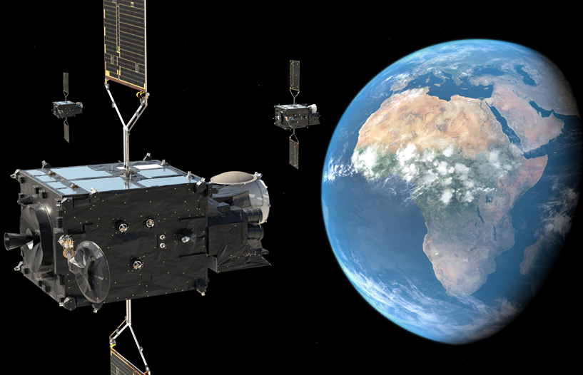 The full Meteosat Third Generation system comprises six satellites: four Imaging (MTG-I) satellites and two Sounding (MTG-S) satellites. When fully deployed, the system will include two MTG-I satellites operating in tandem - one scanning Europe and Africa every 10 minutes and the other only Europe but every 2.5 minutes - and one MTG-S satellite to provide fast local-area coverage over selected parts of Earth. The image shows the three satellites with the two MTG-I satellites (foreground and left) and one MTG-S satellite (on the right). Image: ESA.
