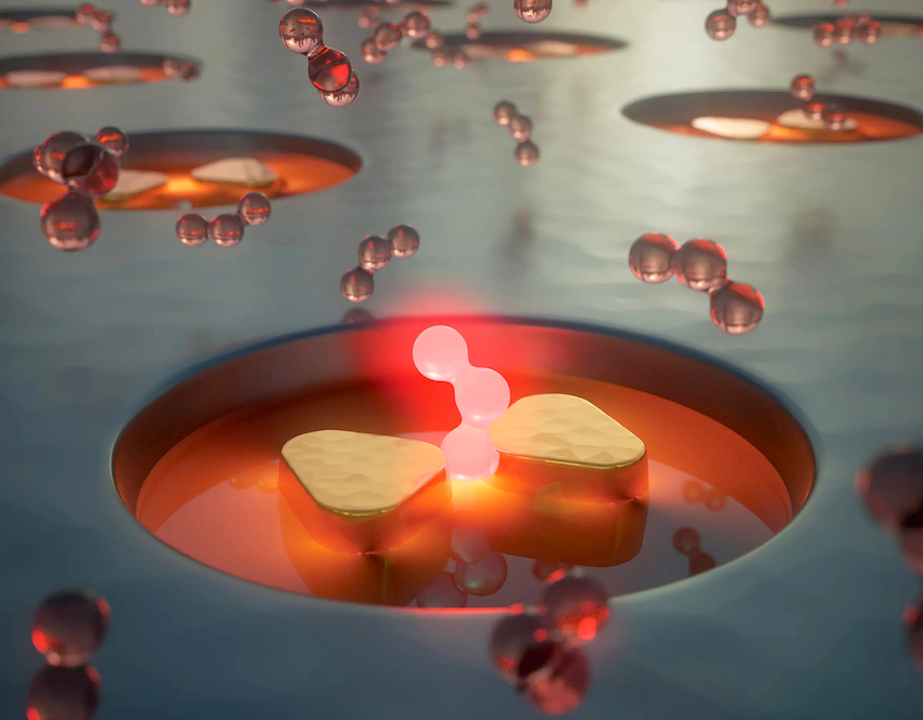 Fluorescent molecules on hybrid gold/aluminum antenna-in-box arrays. Only fluorescent molecules in the hotspot of the hybrid nanostructures are strongly excited and others remain dark as the aluminum aperture prevents transmission of the excitation light. Credit: ICFO.