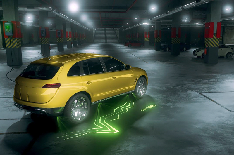The 3D rendering visualizes a possible application scenario involving the holographic ground projector. &copy; Fraunhofer IOF.