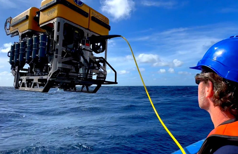 InVADER Mission's Laser Divebot being deployed from the ROV Hercules. Credit: Ocean Exploration Trust, NOAA. 