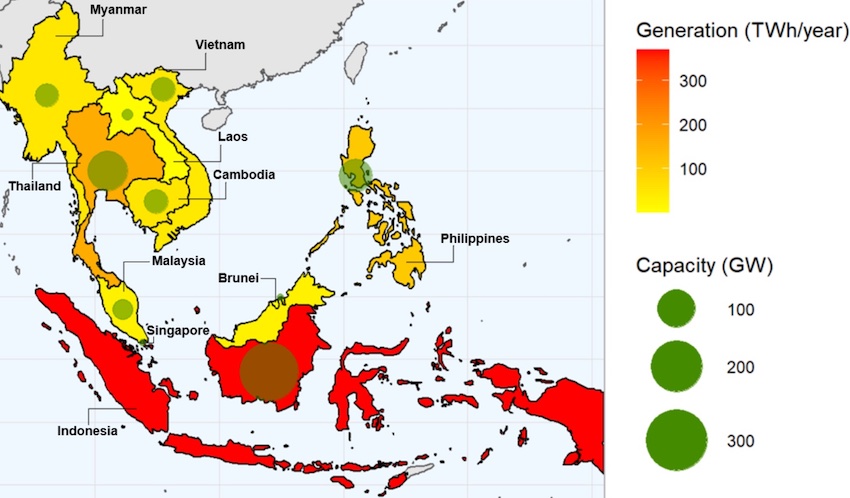 FPV generation and capacity technical potential for natural water bodies in Southeast Asia. Credit: Prateek Joshi, NREL.