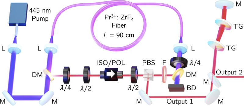 Experimental setup of the fiber laser. BD, beam dump; DM, dichroic mirror; ISO/POL, polarizing optical isolator; L, lens; M, mirror; PBS, polarizing beam splitter; TG, transmission grating; &lambda;/2, half-wave plate; &lambda;/4, quarter-wave plate. Credit: Optics Letters (2023). DOI: 10.1364/OL.492671.