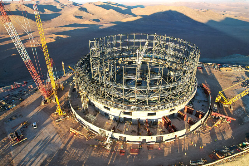 Drone shot of the ELT under construction at Cerro Armazones. Photo: ESO.