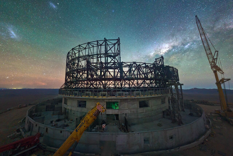Night view of the ELT under construction atop Cerro Armazones. Photo: ESO.