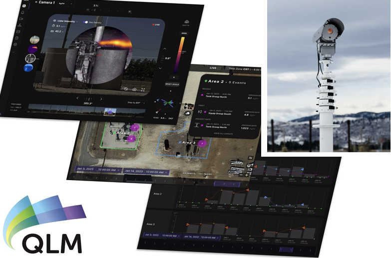 QLM Cloud analytics portal showing lidar viewfinder, emissions map and emissions event trending and reporting (left). QLM Quantum Gas Lidar system hardware (right).