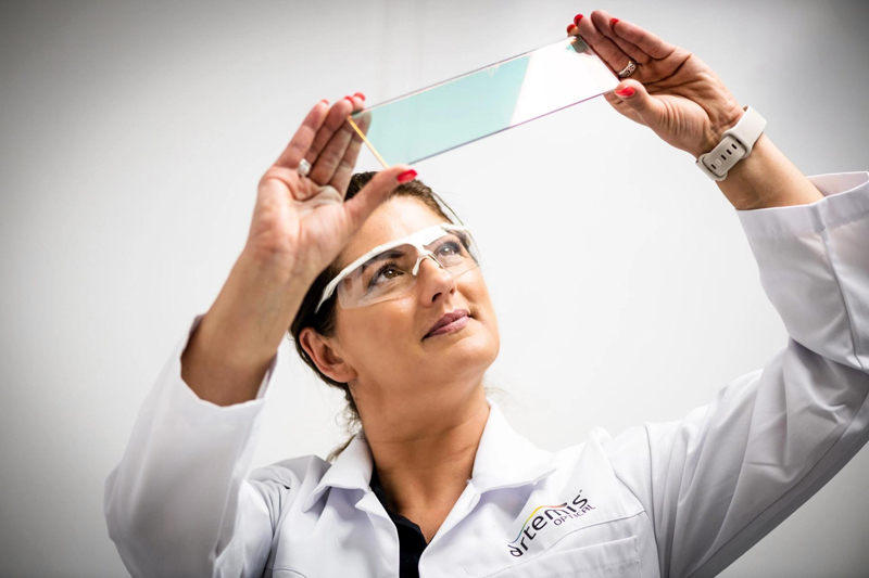 Artemis manufactures optical thin-film coatings for challenging applications. It specializes in periscopes and sighting systems, head-up and helmet-mounted displays, laser protection, and narrow band analytical filters. Photo: Artemis Optical.
