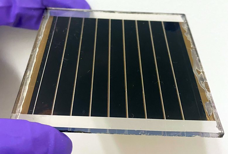 A perovskite solar module with an active area of 22.0 cm2 containing fluorinated aniliniums for interfacial passivation. Credit: Cheng Liu, Northwestern University.