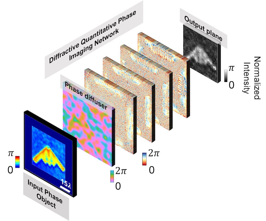 All-optical phase recovery and quantitative phase imaging (QPI) through random unknown diffusers using a diffractive optical network. Credit: Ozcan Lab/UCLA.  
