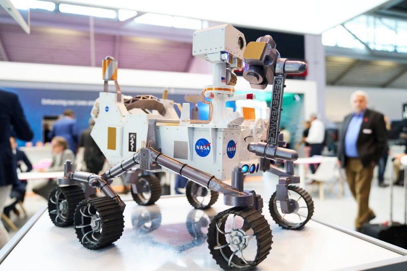 Jenoptik's LASER 2023 exhibition booth included this mock-up of a future Martian rover vehicle featuring the German photonics company's products. Photo: Messe M&uuml;nchen/Markus Br&ouml;nner.