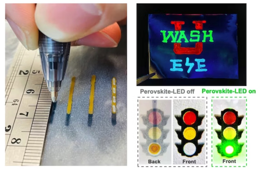 Junyi Zhao demonstrates using a simple ballpoint pen to write custom LEDs on paper (left). The same pens can be used to draw multicolored designs on aluminium foil (top right) and to create light up sketches (bottom right). Credit: Wang Lab/WUSTL.