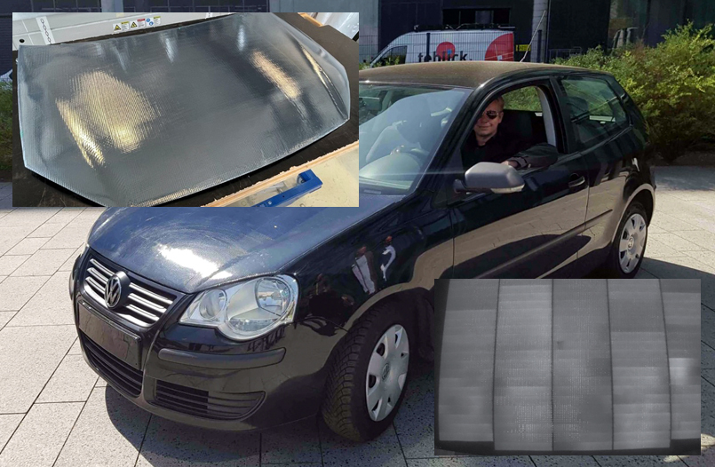 In the hood: the solar-active surface can be color-matched to the vehicle. Inset: the 115W rated car hood on display at IAA Mobility features more than 120 PERC shingle solar cells and is finished in MorphoColor&reg; gray. &copy; Fraunhofer ISE.