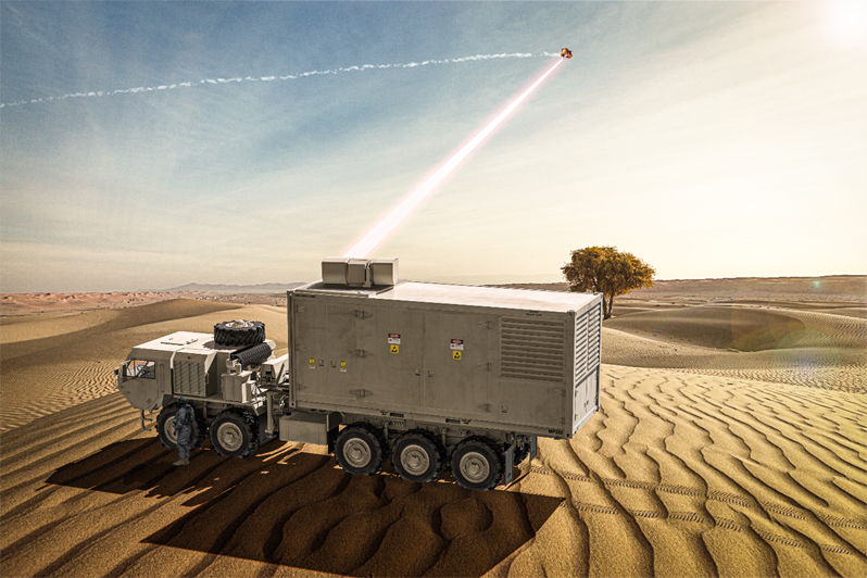 U.S. Army's Indirect Fires Protection Capability-High Energy Laser (IFPC-HEL) demonstrator laser weapon system. Image courtesy Lockheed Martin.