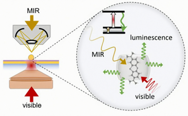 Principle of MIR Vibrationally-Assisted Luminescence (MIRVAL). Credit: Dr Rohit Chikkaraddy, University of Birmingham.
